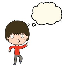 cartoon impressed boy pointing with thought bubble N8