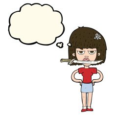 cartoon woman with knife between teeth thought bubble N30