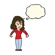 cartoon woman shrugging shoulders with thought bubble N389