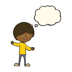 cartoon unhappy boy with thought bubble N47
