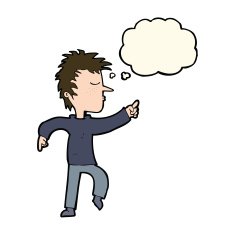 cartoon man pointing with thought bubble N150