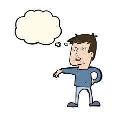 cartoon man making camp gesture with thought bubble N23