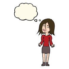 cartoon woman shrugging shoulders with thought bubble N390