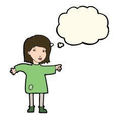cartoon woman in patched clothing with thought bubble N7