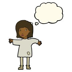 cartoon woman in patched clothing with thought bubble N8