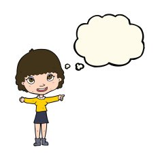 cartoon happy woman pointing with thought bubble N55