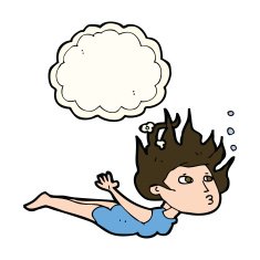 cartoon woman swimming underwater with thought bubble N7