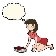cartoon girl picking up book with thought bubble N7