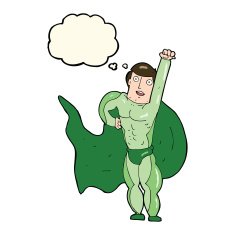 cartoon superhero with thought bubble N19