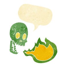 cartoon fire breathing skull with speech bubble