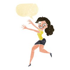 cartoon happy woman jumping with speech bubble