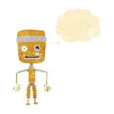 cartoon old robot with speech bubble