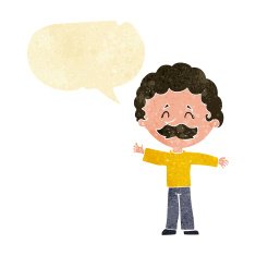 cartoon boy with mustache speech bubble