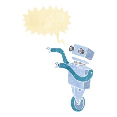 cartoon funny robot with speech bubble