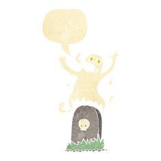cartoon ghost rising from grave with speech bubble N2