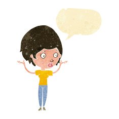 cartoon woman raising hands in air with speech bubble