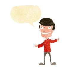 cartoon grinning man with speech bubble