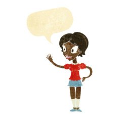 cartoon waving woman with speech bubble N3