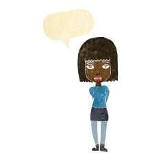 cartoon serious girl with speech bubble