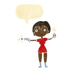 cartoon future space girl with speech bubble