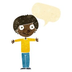 cartoon happy boy with open arms speech bubble