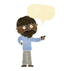 cartoon bearded man pointing with speech bubble