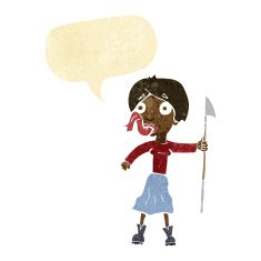 cartoon woman with spear sticking out tongue speech bubble