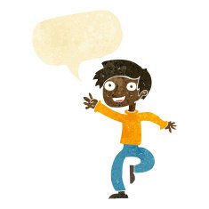 cartoon excited boy dancing with speech bubble
