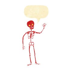 cartoon waving skeleton with speech bubble