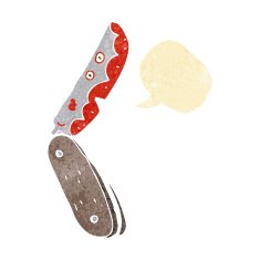 cartoon bloody folding knife with speech bubble