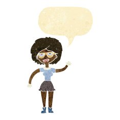 cartoon waving woman wearing spectacles with speech bubble