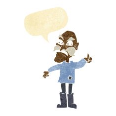 cartoon angry old man in patched clothing with speech bubble
