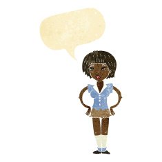 cartoon woman with hands on hips speech bubble
