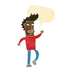 cartoon loudmouth man with speech bubble