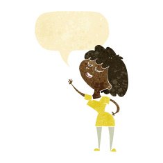 cartoon happy woman about to speak with speech bubble