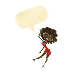 cartoon dancing woman with speech bubble