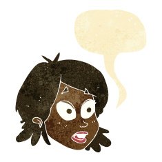 cartoon female face with surprised expression speech bubble
