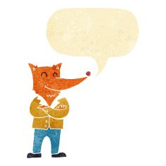 cartoon fox in shirt with speech bubble