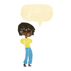 cartoon woman whistling with speech bubble