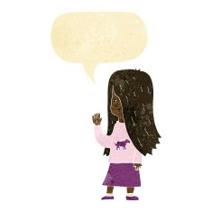 cartoon girl with pony shirt waving speech bubble