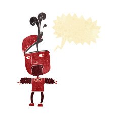 funny cartoon robot with open head speech bubble