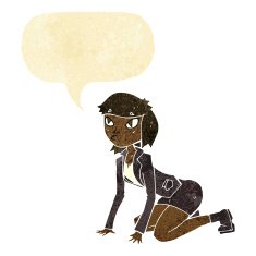 cartoon woman on hands and knees with speech bubble
