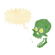cartoon laughing skull with speech bubble