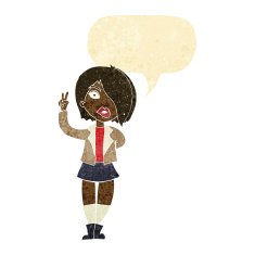 cartoon cool girl giving peace sign with speech bubble