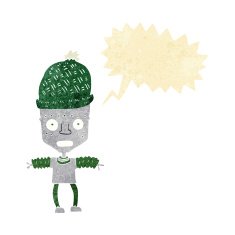 cartoon robot wearing hat with speech bubble