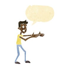 cartoon man desperately explaining with speech bubble