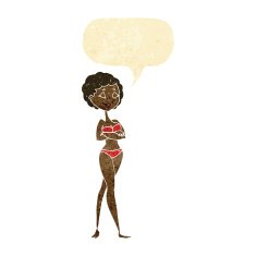 cartoon retro woman in bikini with speech bubble