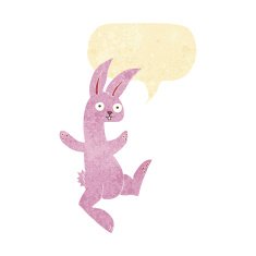 funny cartoon pink rabbit with speech bubble