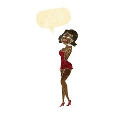 cartoon attractive woman in short dress with speech bubble