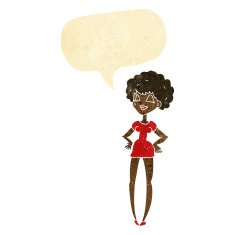 cartoon happy woman with hands on hips speech bubble